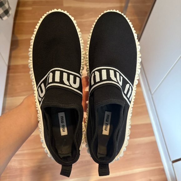 MIU MIU $950 Calzature Donna Black Platform Logo Band Knit Sneakers Size 7.5/8